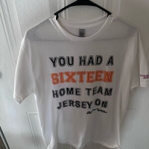 White Graphic T-Shirt with Orange and Black Text